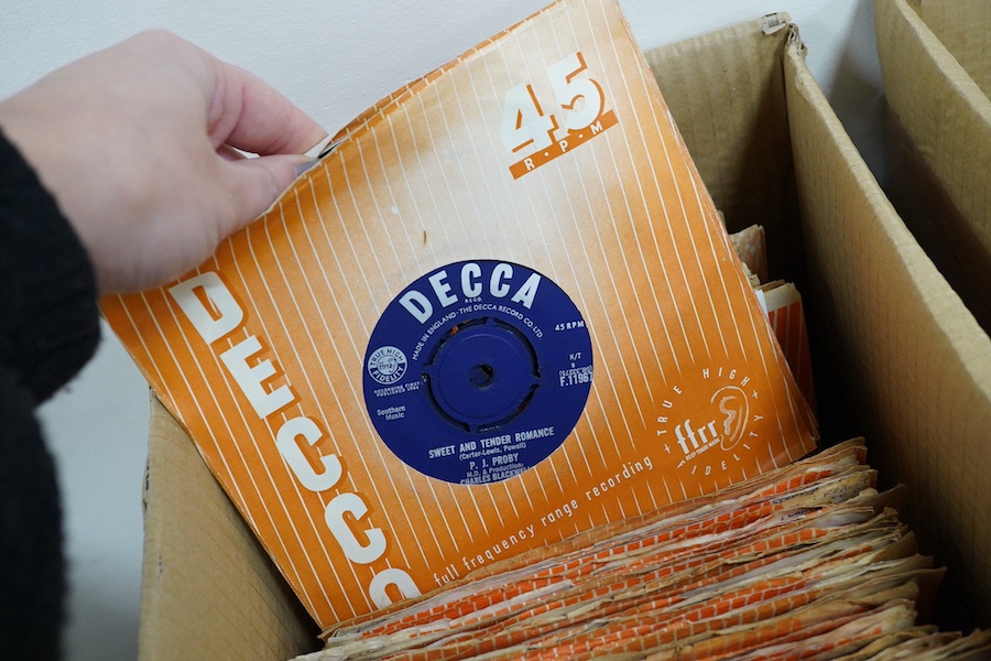 Three boxes of 7 inch singles, all on Decca record label, artists include; Dave Berry, Billy Fury, the Big Three, Chris Ravel, the Sunspots, Max Bygraves, the Tornadoes, Larry Page Orchestra, The Rolling Stones Small Fac